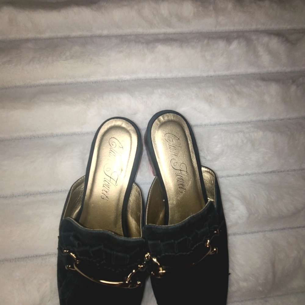 Gold and Black Mules with Metal Accent CLAIRE FLOWERS Jayme in Black Leather - Picture 3 of 8